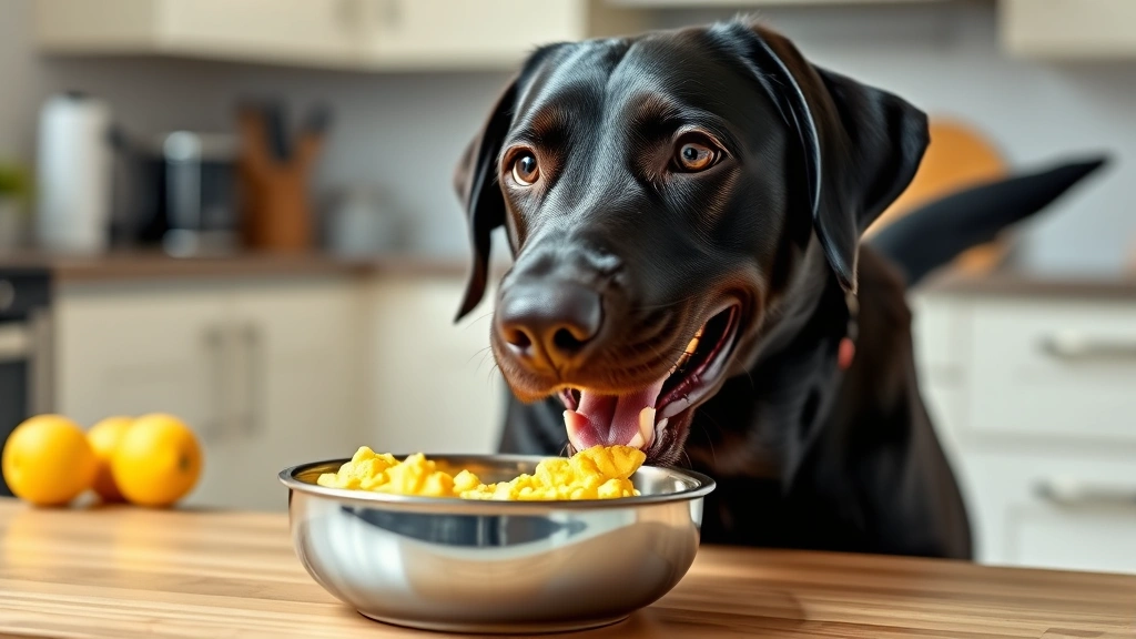 Happy adult labrador eating scrambled eggs from a stainless steel food bowl, tail wagging, bright kitchen setting