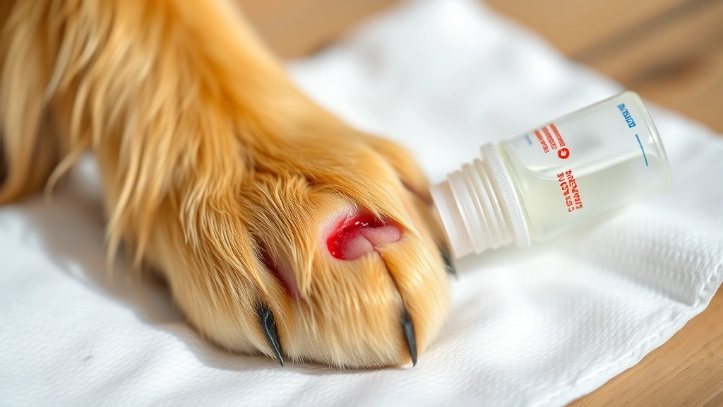 Close-up of a golden retriever's injured paw pad with a minor cut, being gently cleaned with saline solution on a white gauze pad, warm natural lighting, focused on wound care
