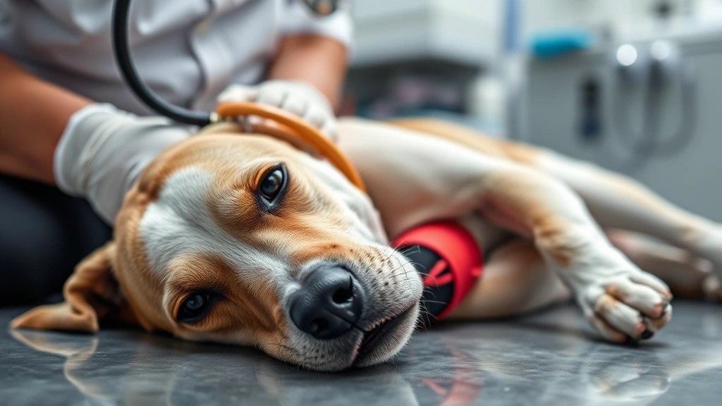Dog lying calmly while veterinarian examines a deep wound on its leg with professional lighting, stethoscope visible, clinical setting with medical supplies