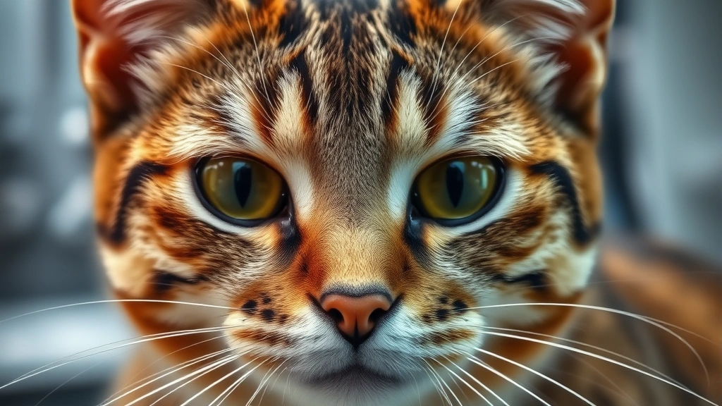 Close-up of tabby cat's face showing healthy skin texture and fur, professional grooming setting, natural lighting, photorealistic