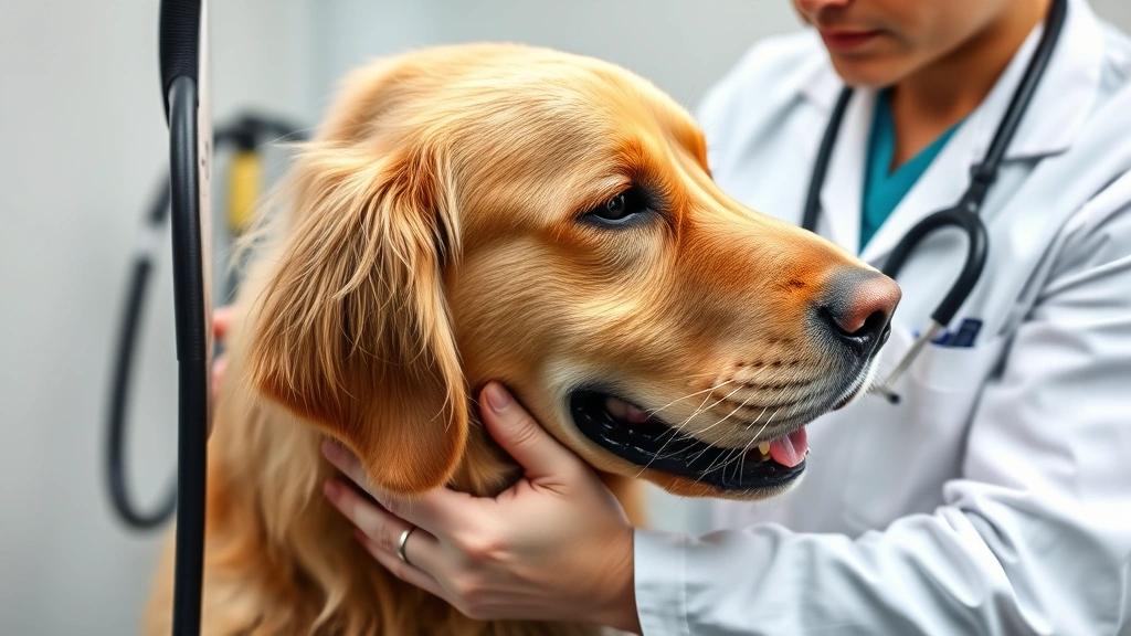 Veterinarian in white coat examining golden retriever's coat during professional grooming session, calm clinical environment, detailed fur texture