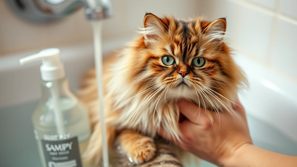 Fluffy Persian cat being gently bathed in warm water with specialized cat shampoo bottle visible, hands supporting cat safely, spa-like bathroom setting