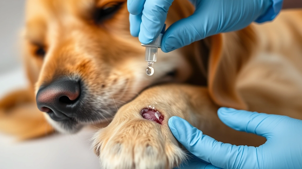 Golden Retriever with small cut on front paw being gently cleaned with saline solution by veterinarian's hands wearing gloves, close-up view of wound care