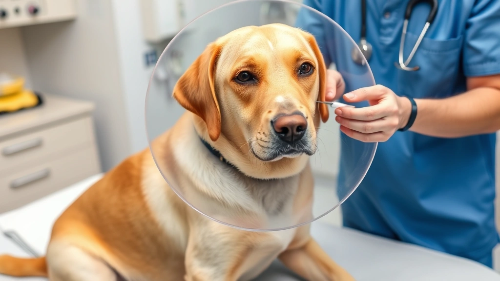 Yellow Labrador wearing clear plastic Elizabethan cone collar sitting on examination table while veterinarian applies thin layer of antibiotic ointment to scraped elbow area