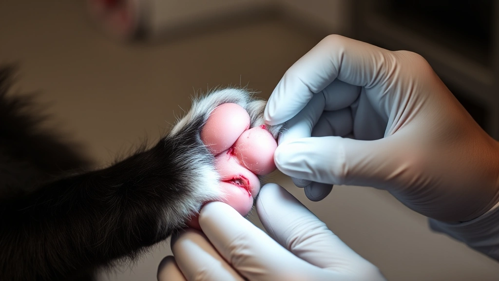 Border Collie's paw with minor abrasion being examined by vet using magnifying light, showing proper wound assessment technique and inspection