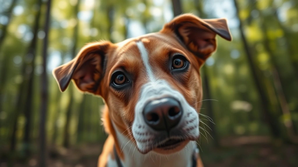 Close-up of a brown and white dog's face looking at camera outdoors in natural sunlight, with a blurred green forest background, photorealistic style