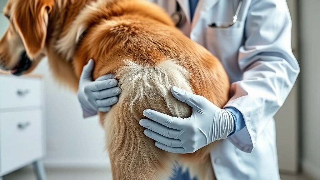 Veterinarian in white coat examining a golden retriever's rear leg joint area with hands, clinic setting with soft natural lighting, dog appears calm