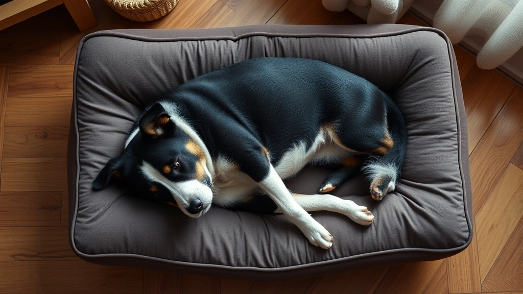Overhead view of a black and white dog lying on a comfortable orthopedic dog bed indoors, looking peaceful and rested, warm home setting