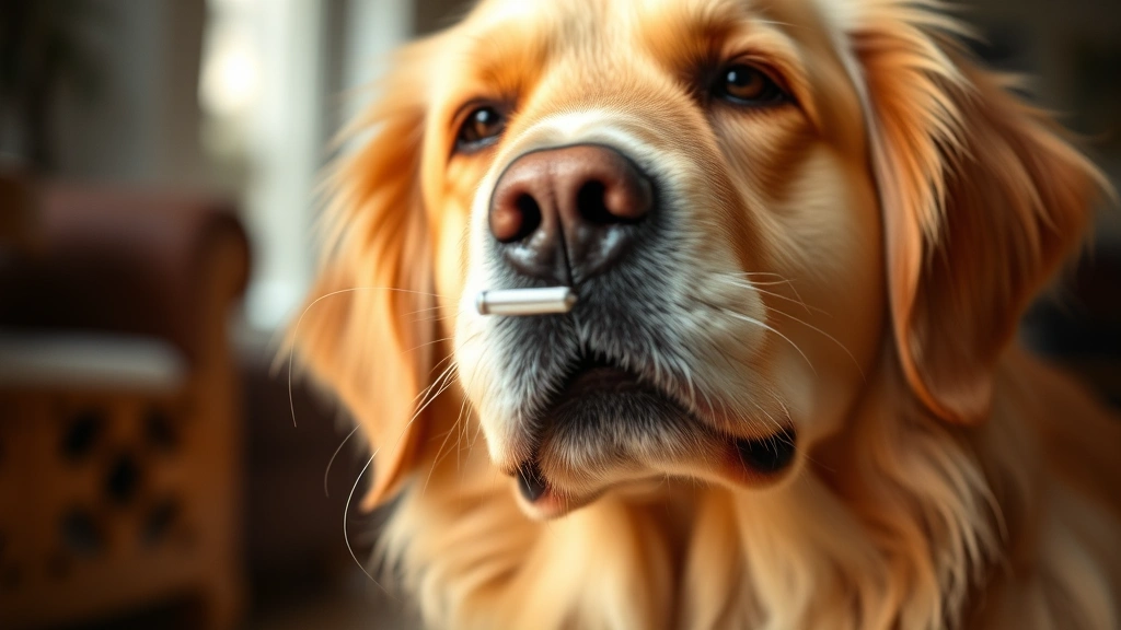 Golden Retriever sneezing, close-up of face showing nasal discharge, dog indoors with soft lighting, healthy-looking coat