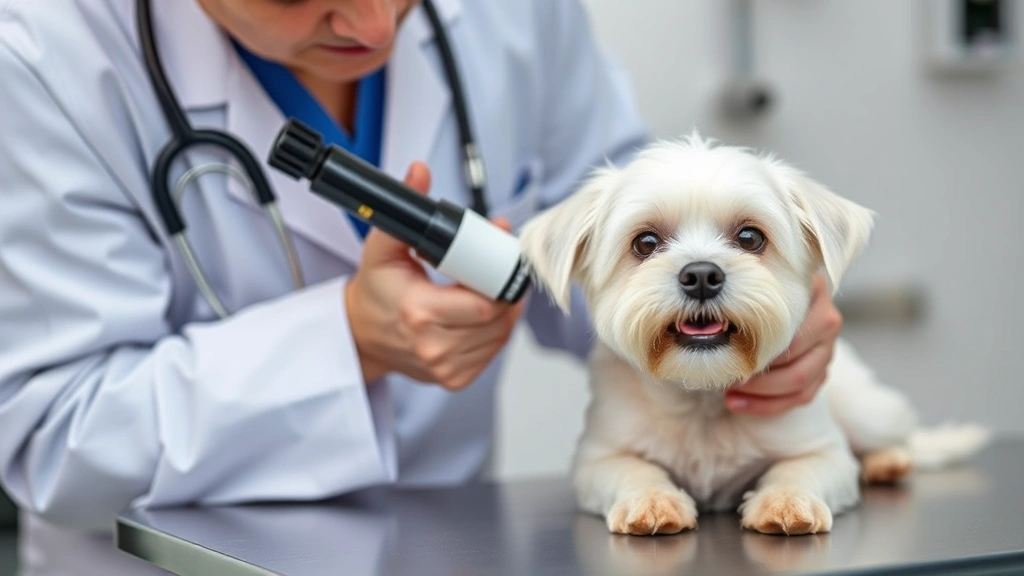 Veterinarian examining small white dog's throat with otoscope, clinical setting, vet wearing stethoscope, dog calm on examination table