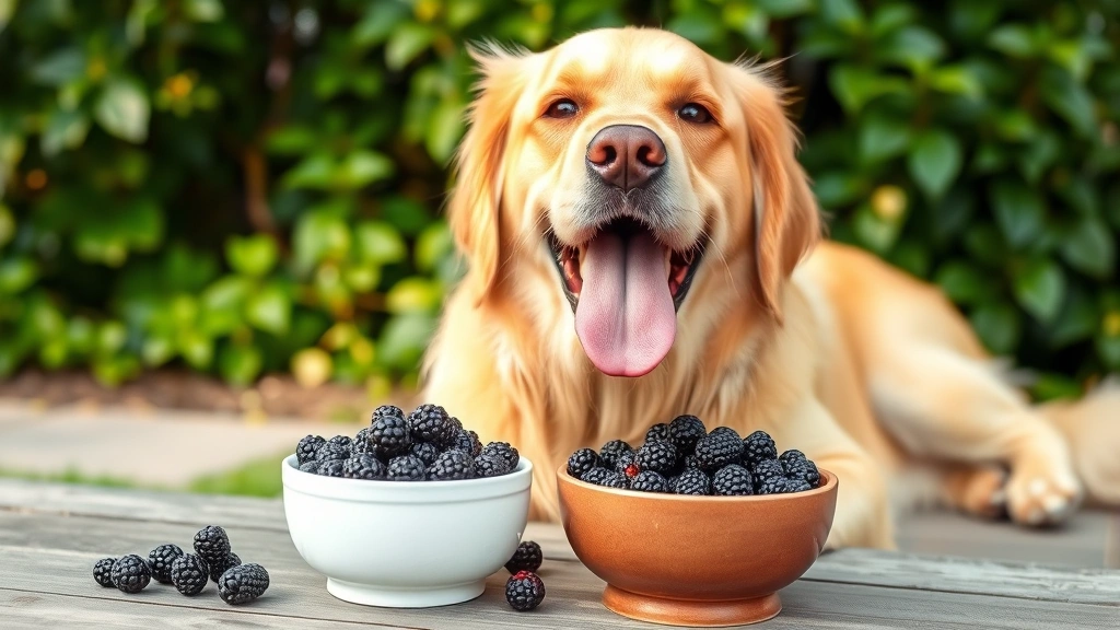 Golden Retriever enthusiastically eating fresh blackberries from a bowl, tongue out, outdoor garden setting with natural lighting and green foliage background