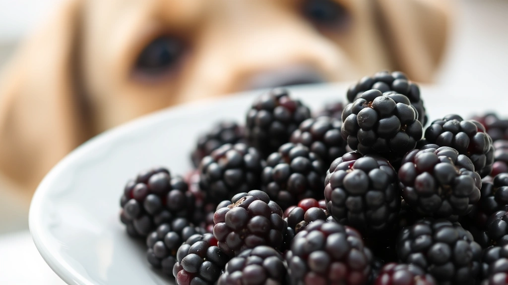 Close-up of ripe blackberries arranged on white ceramic plate with a happy Labrador puppy's face visible in soft-focused background, bright natural daylight