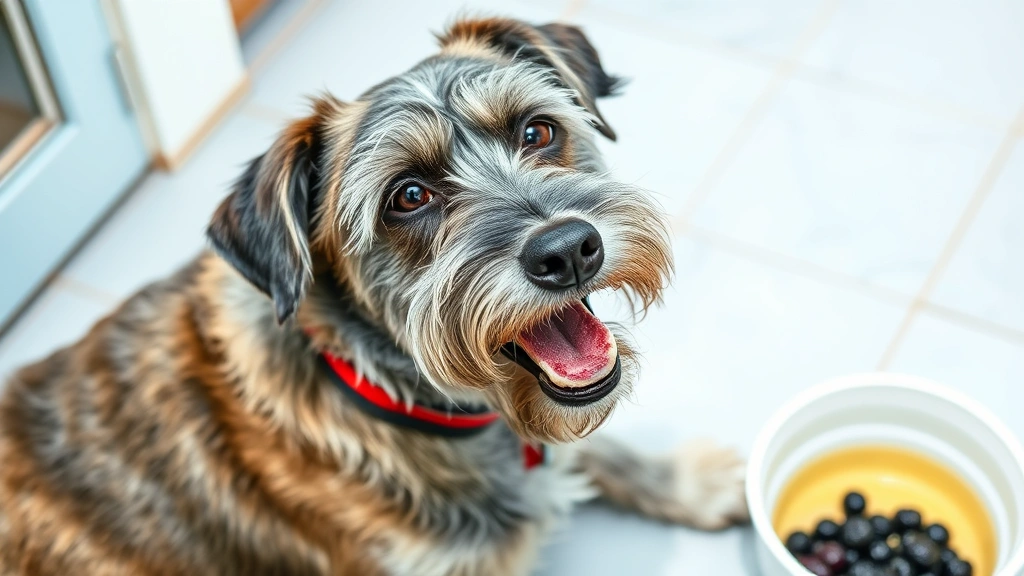 Senior gray-muzzled dog enjoying frozen blackberry treat on a hot summer day, relaxed expression, sitting on cool tile floor with water bowl nearby
