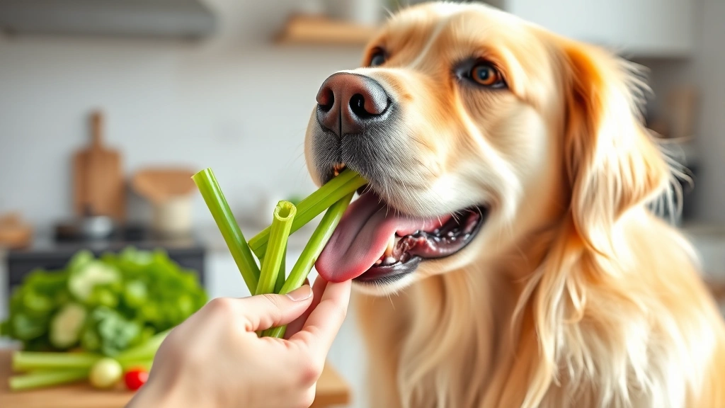Golden Retriever happily eating fresh green celery sticks from owner's hand in bright kitchen, dog's tongue visible, fresh vegetables on counter background