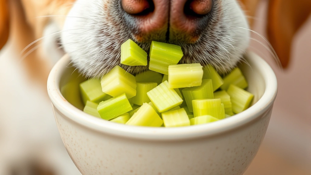Close-up of dog's mouth with chopped celery pieces properly sized on ceramic bowl, showing appropriate preparation and portion size for safe consumption