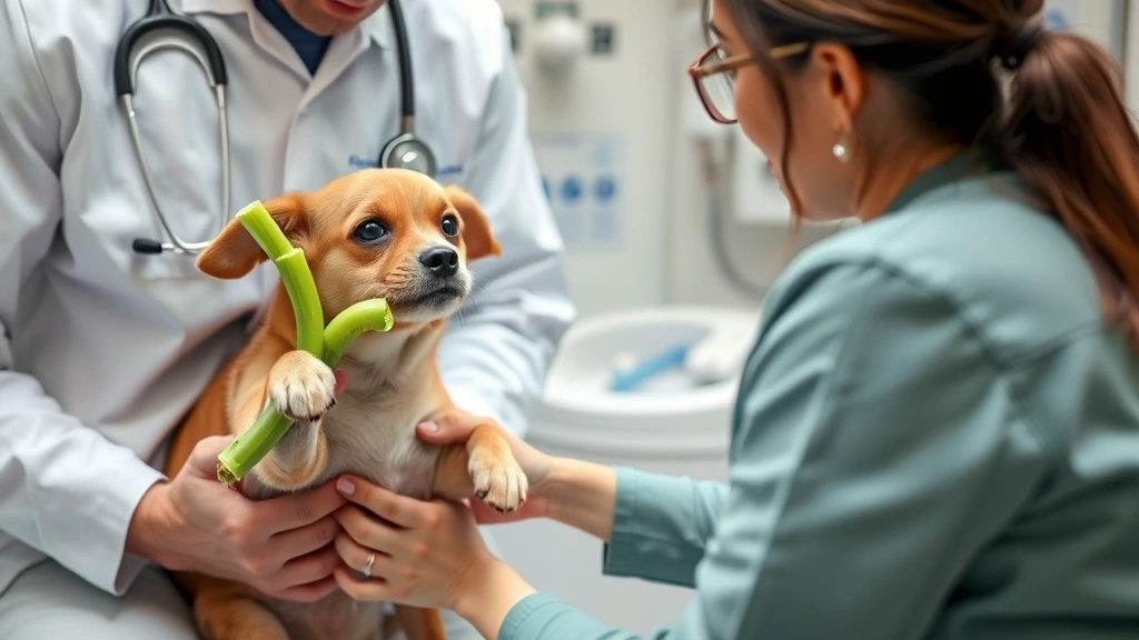 Veterinarian examining small dog's stomach while owner holds celery, professional clinical setting with medical equipment, discussing digestive health and vegetable introduction