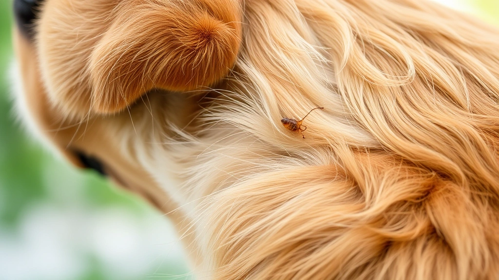 Close-up of brown dog scratching behind ear with visible flea dirt in golden retriever fur, outdoor natural lighting