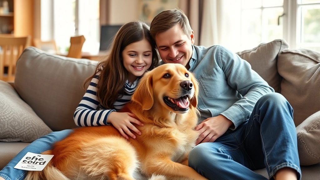 Family with young child and golden dog sitting on couch together, warm home setting, bright daylight through windows