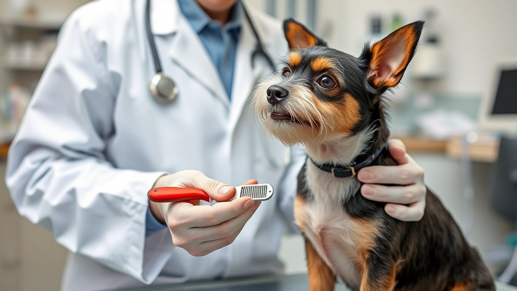 Veterinarian in white coat examining small terrier for fleas using flea comb, professional clinic environment with medical equipment