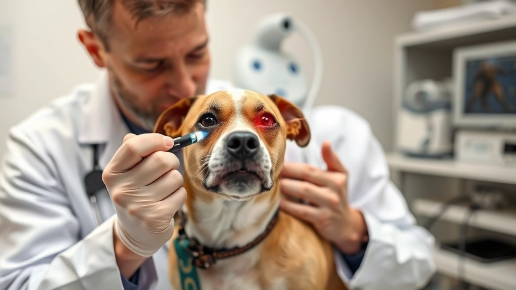 Veterinarian performing neurological examination on dizzy dog using penlight to check eye reflexes and nystagmus, clinical setting with diagnostic equipment visible, professional and reassuring demeanor