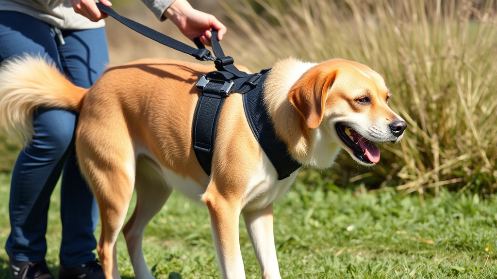 Dog recovering from vestibular disease using supportive harness during assisted walking outdoors, owner providing physical support, sunny day showing rehabilitation progress and gentle movement