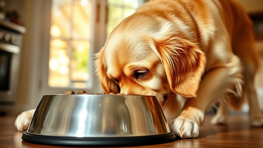 canidae dog food - A healthy golden retriever eating from a stainless steel bowl filled with kibble