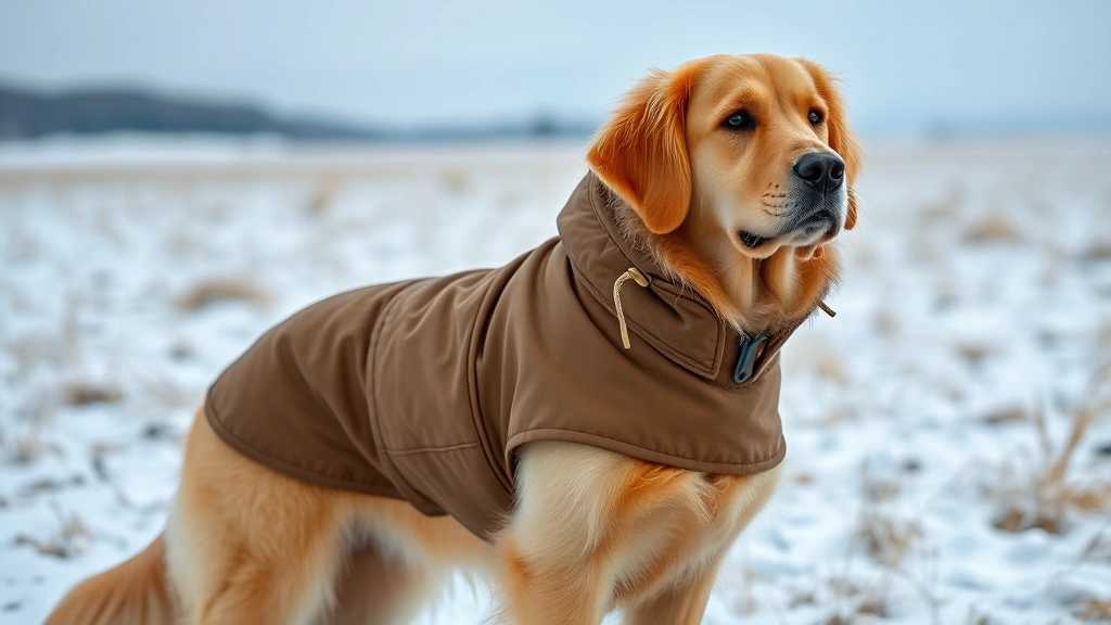 carhartt dog jacket - A medium-sized golden retriever wearing a brown Carhartt duck cloth jacket stand