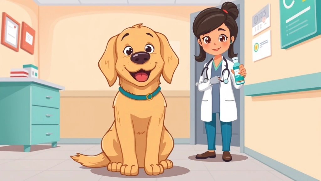 clavamox for dogs - Cartoon illustration of a friendly golden retriever sitting in a veterinary exam