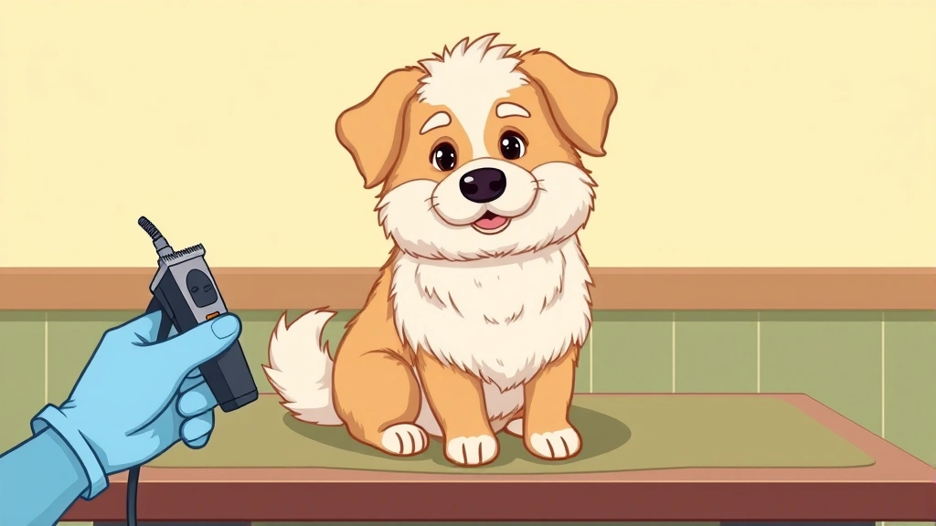 clippers on a dog - Cartoon illustration of a fluffy dog sitting calmly on a grooming table with a p