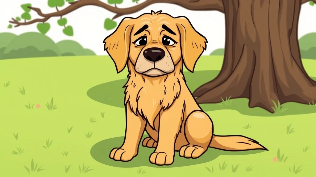 colitis in dogs - Cartoon illustration of a golden retriever sitting uncomfortably outdoors with a