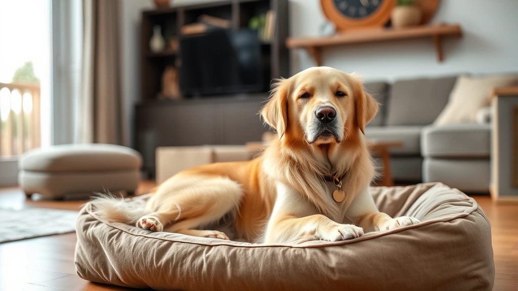 congestive heart failure in dogs - A golden retriever sitting peacefully on a soft dog bed in a calm living room wi