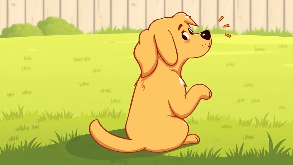 constipated dog - A cartoon golden retriever sitting in a grassy yard with a slightly uncomfortabl