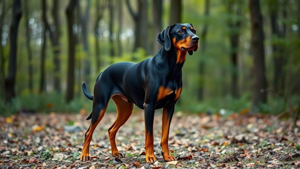 coon dog - A muscular black and tan coonhound standing alert in a forest clearing with tree