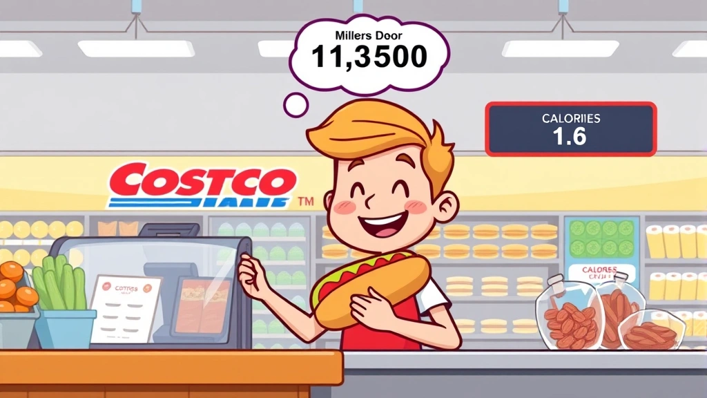 costco hot dog calories - A cartoon illustration of a cheerful person standing at a Costco food court coun
