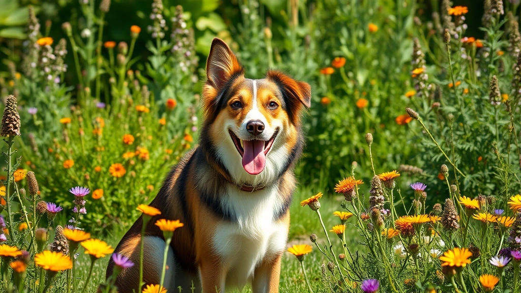 cute girl dog names - A happy female dog of mixed breed sitting in a sunny garden surrounded by wildfl