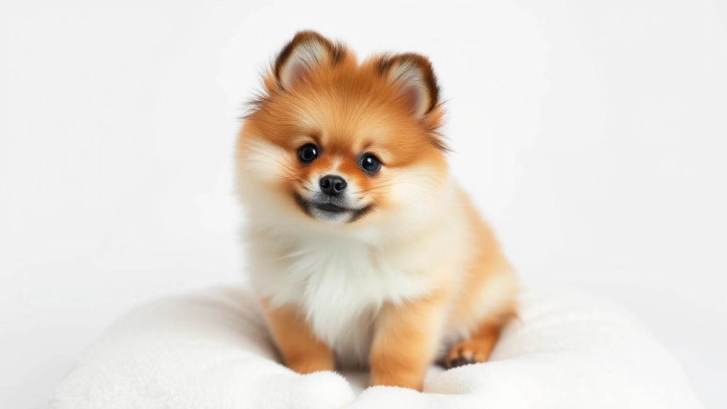 cutest dog breeds - A fluffy Pomeranian puppy sitting on a soft white cushion, looking directly at t