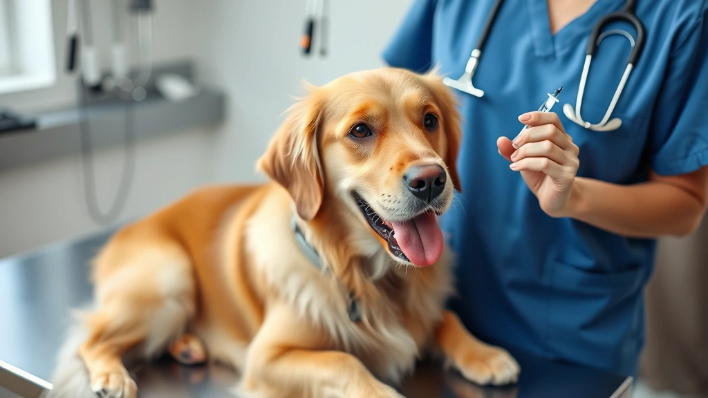 cytopoint injection for dogs - A golden retriever sitting calmly on a veterinary exam table with a veterinarian