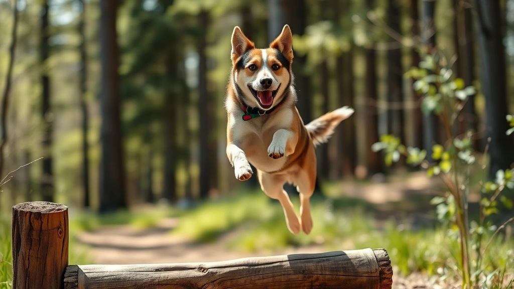 daredevil dog - A medium-sized athletic dog mid-jump over a wooden obstacle on a sunny forest tr