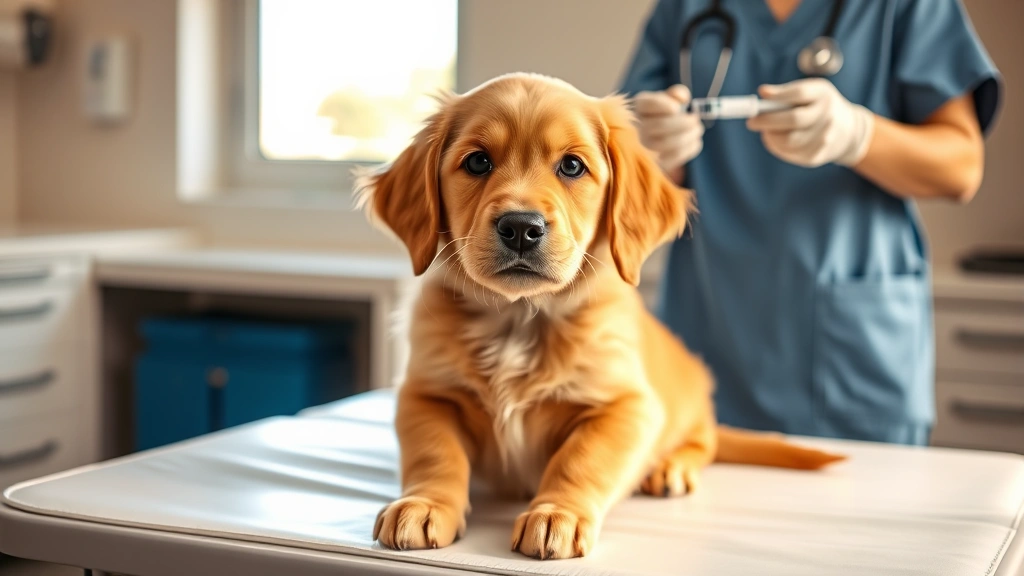dhpp vaccine for dogs - A friendly golden retriever puppy sitting calmly on an exam table while a veteri