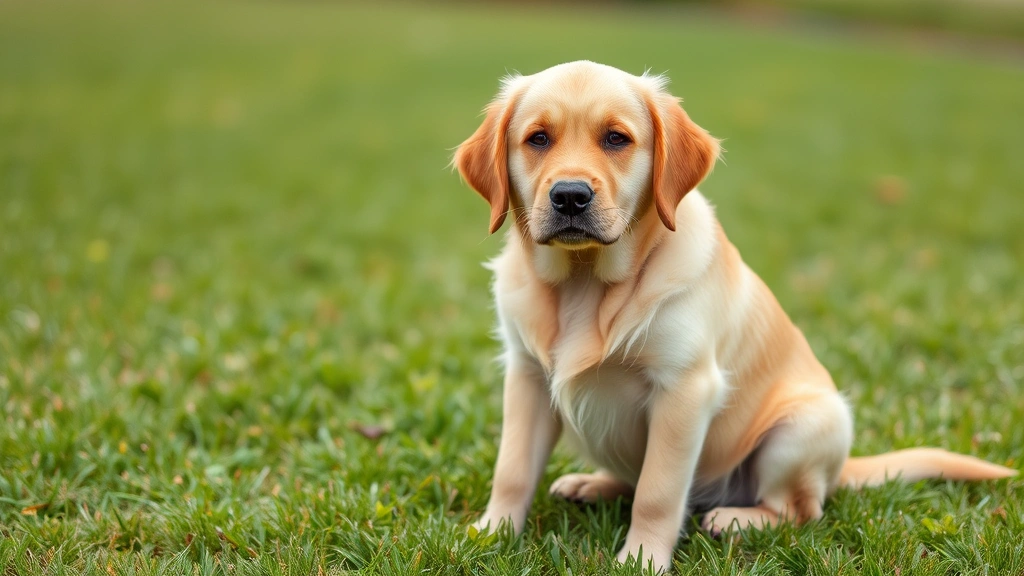 diarrhea in dogs - A cute golden retriever sitting on grass outdoors looking slightly uncomfortable