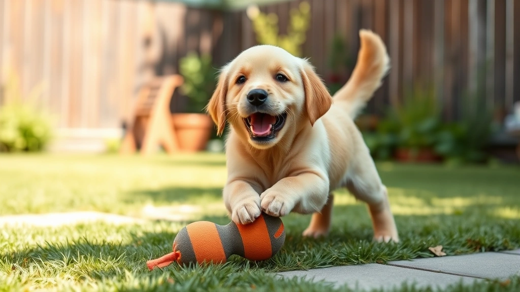 do dogs go to heaven - A happy golden retriever puppy playing with a toy in a sunny backyard, tail wagg