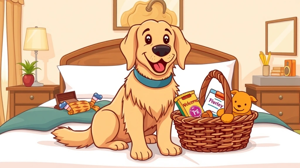 dog accepting hotels - Cartoon illustration of a happy golden retriever sitting on a hotel bed with a w