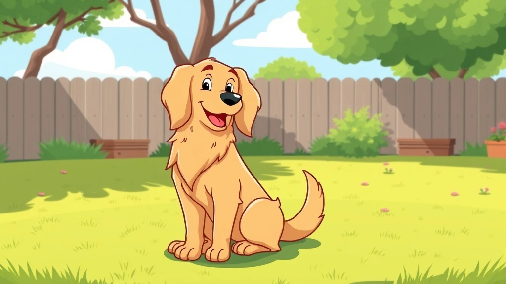 dog anal gland expression - Cartoon illustration of a happy golden retriever sitting on grass in a sunny bac