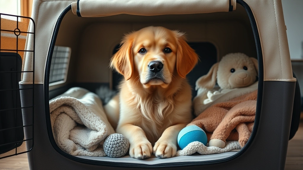 dog and carrier - A fluffy golden retriever sitting calmly inside a soft-sided pet carrier with an