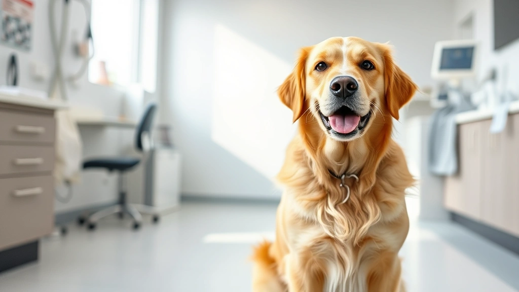 dog antibiotics - A friendly golden retriever sitting attentively in a bright veterinary exam room