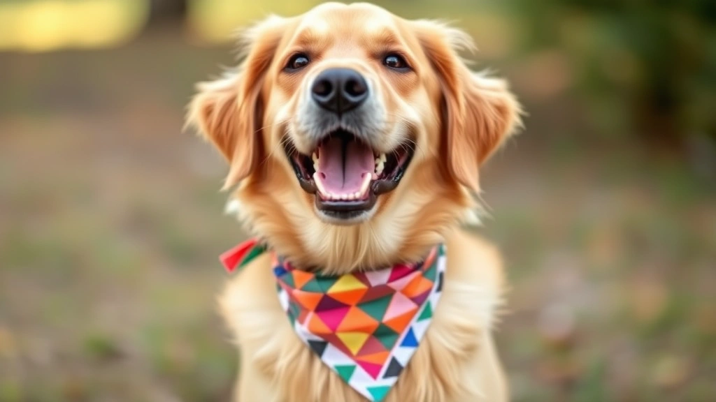 dog bandana - A happy golden retriever wearing a colorful triangle bandana around its neck