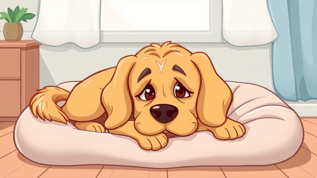 dog being sick yellow - A cartoon golden retriever lying on a soft dog bed looking slightly uncomfortabl
