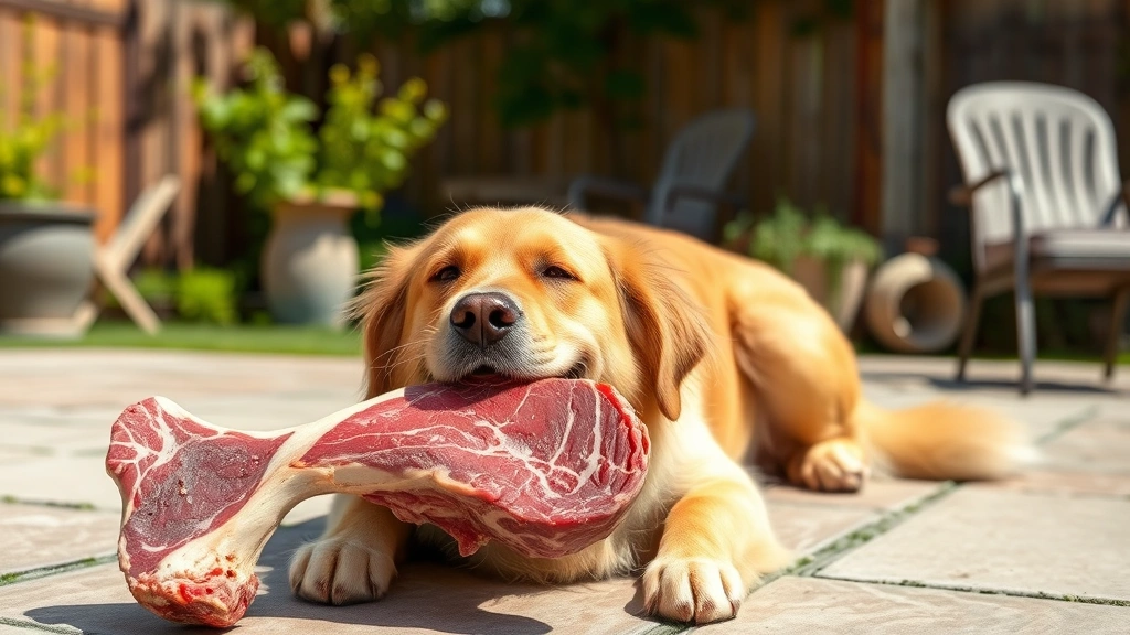 dog bones - A happy golden retriever contentedly chewing on a large raw beef knuckle bone in