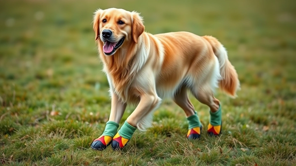 dog boots - A golden retriever standing in a grassy field wearing colorful waterproof bootie