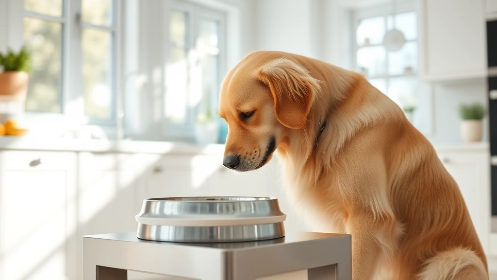 dog bowls - A friendly golden retriever eating from a modern stainless steel elevated feedin